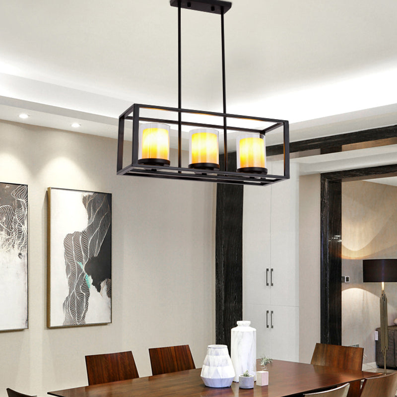 Cylinder Dining Room Pendant Light Vintage Glass 3/5/6 Lights Island Lighting with Black Frame 3 Black Clearhalo 'Ceiling Lights' 'Glass shade' 'Glass' 'Island Lights' Lighting' 227746