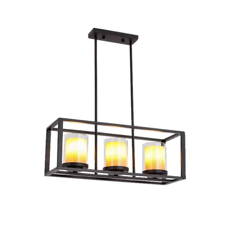 Cylinder Dining Room Pendant Light Vintage Glass 3/5/6 Lights Island Lighting with Black Frame Clearhalo 'Ceiling Lights' 'Glass shade' 'Glass' 'Island Lights' Lighting' 227747