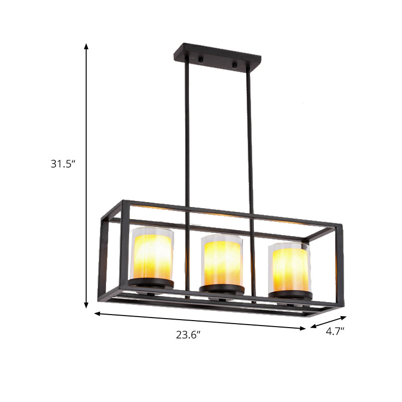 Cylinder Dining Room Pendant Light Vintage Glass 3/5/6 Lights Island Lighting with Black Frame Clearhalo 'Ceiling Lights' 'Glass shade' 'Glass' 'Island Lights' Lighting' 227748