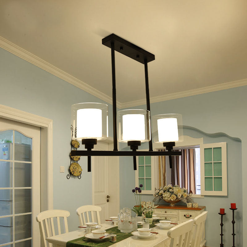 Cylinder Dining Room Island Lamp Traditional 3/4 Lights Hanging Light with Inner White Glass Shade 3 White Clearhalo 'Ceiling Lights' 'Glass shade' 'Glass' 'Island Lights' Lighting' 227781