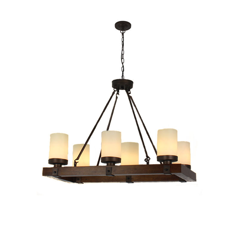 Cylinder Dining Room Island Light Vintage Beige Glass 6/8 Lights Hanging Ceiling Light with Rectangular Wood Base Clearhalo 'Ceiling Lights' 'Island Lights' Lighting' 227791