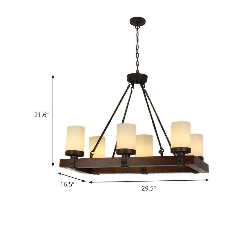 Cylinder Dining Room Island Light Vintage Beige Glass 6/8 Lights Hanging Ceiling Light with Rectangular Wood Base Clearhalo 'Ceiling Lights' 'Island Lights' Lighting' 227792