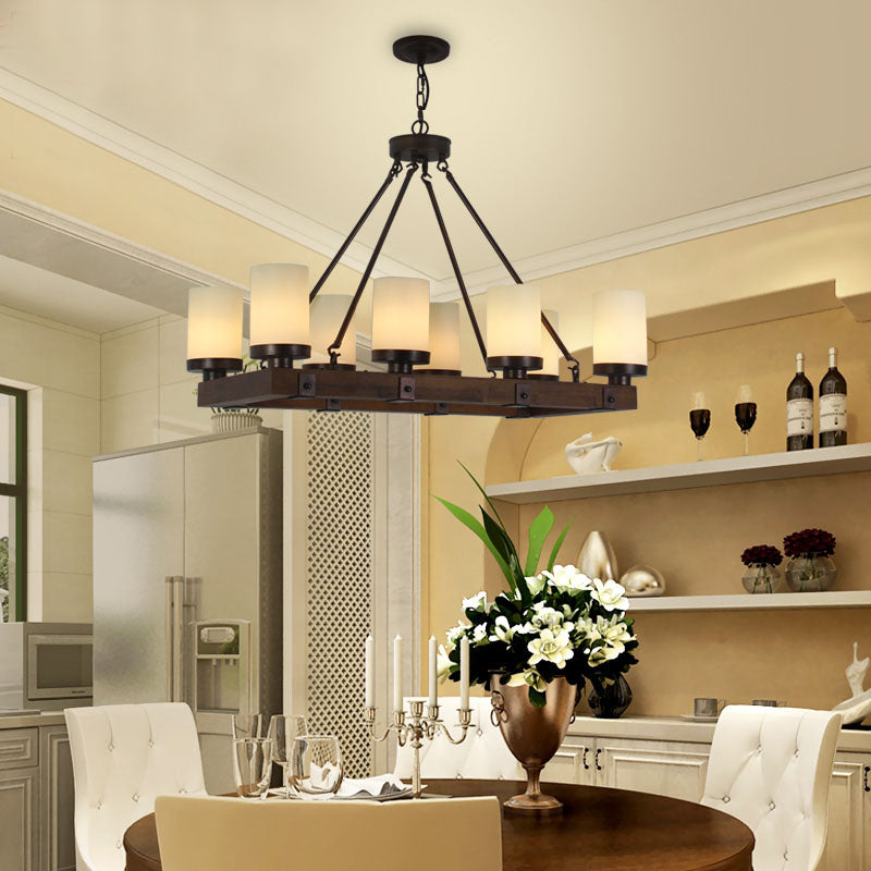 Cylinder Dining Room Island Light Vintage Beige Glass 6/8 Lights Hanging Ceiling Light with Rectangular Wood Base Clearhalo 'Ceiling Lights' 'Island Lights' Lighting' 227794