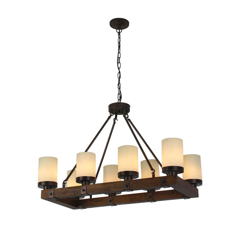 Cylinder Dining Room Island Light Vintage Beige Glass 6/8 Lights Hanging Ceiling Light with Rectangular Wood Base Clearhalo 'Ceiling Lights' 'Island Lights' Lighting' 227795