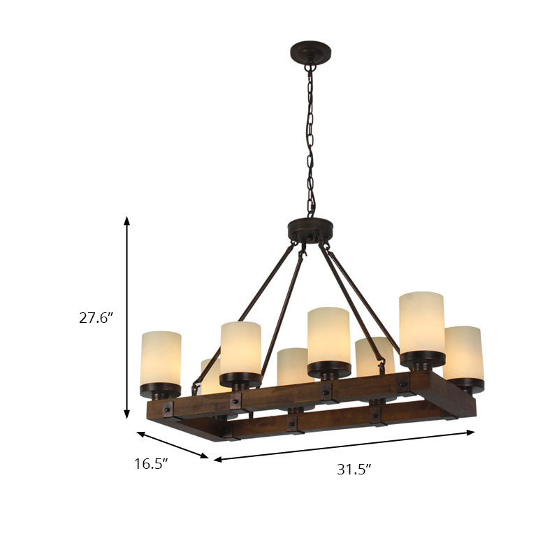 Cylinder Dining Room Island Light Vintage Beige Glass 6/8 Lights Hanging Ceiling Light with Rectangular Wood Base Clearhalo 'Ceiling Lights' 'Island Lights' Lighting' 227796