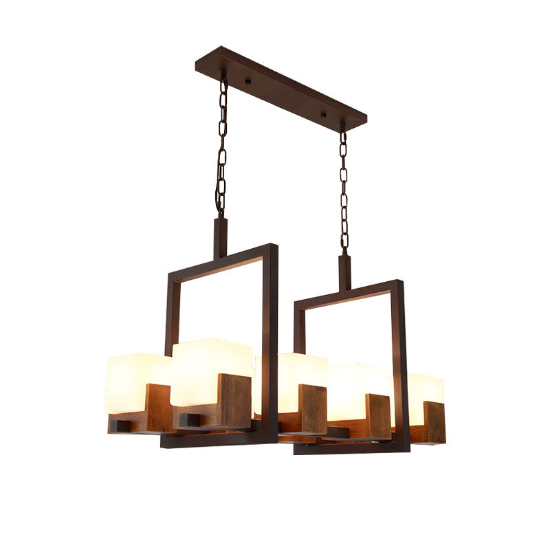 Square Restaurant Island Light Rustic White Glass 8 Lights Bronze Ceiling Light with/without Wine Glasses Clearhalo 'Ceiling Lights' 'Island Lights' Lighting' 227813