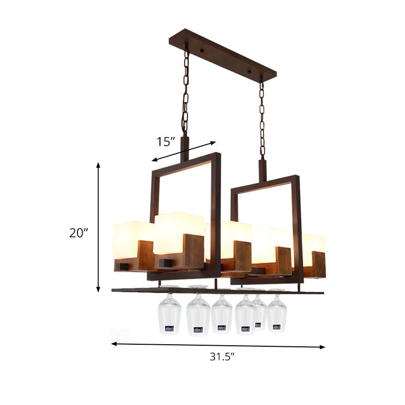 Square Restaurant Island Light Rustic White Glass 8 Lights Bronze Ceiling Light with/without Wine Glasses Clearhalo 'Ceiling Lights' 'Island Lights' Lighting' 227817