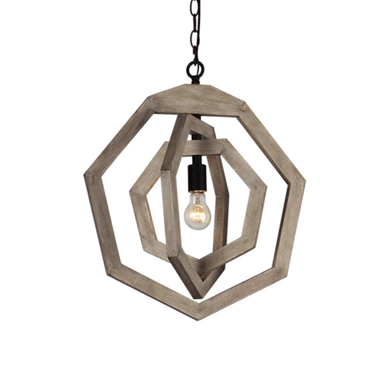 1 Light Pendant Lamp with Heptagon Grey/White/Beige Wood Frame Industrial Hallway Hanging Lamp Kit Clearhalo 'Ceiling Lights' 'Pendant Lights' 'Pendants' Lighting' 227830