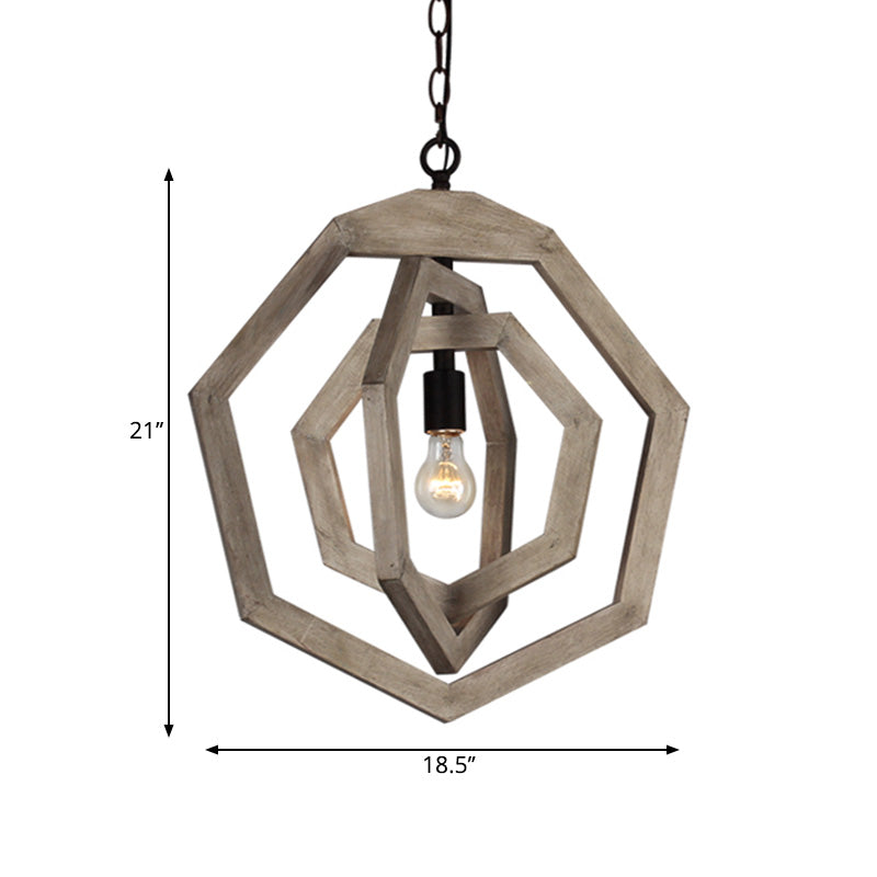 1 Light Pendant Lamp with Heptagon Grey/White/Beige Wood Frame Industrial Hallway Hanging Lamp Kit Clearhalo 'Ceiling Lights' 'Pendant Lights' 'Pendants' Lighting' 227831