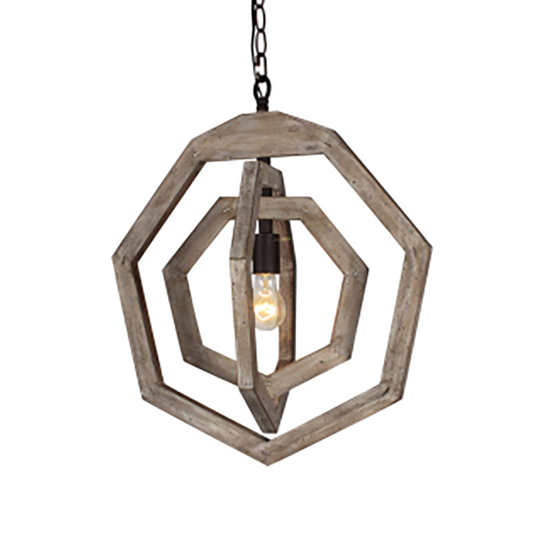 1 Light Pendant Lamp with Heptagon Grey/White/Beige Wood Frame Industrial Hallway Hanging Lamp Kit Clearhalo 'Ceiling Lights' 'Pendant Lights' 'Pendants' Lighting' 227833