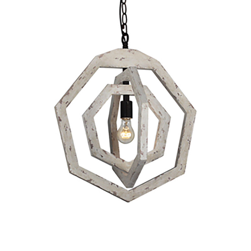 1 Light Pendant Lamp with Heptagon Grey/White/Beige Wood Frame Industrial Hallway Hanging Lamp Kit Clearhalo 'Ceiling Lights' 'Pendant Lights' 'Pendants' Lighting' 227836