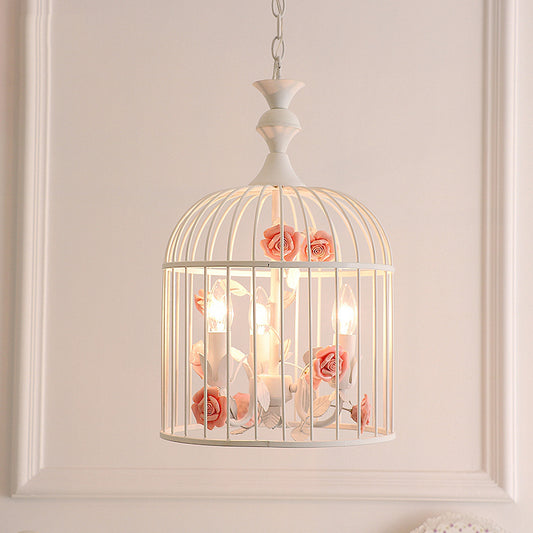 3 Lights Chandelier Light Rustic Birdcage Metal Hanging Ceiling Light with Blue/Pink Flower Decoration Clearhalo 'Ceiling Lights' 'Chandeliers' Lighting' options 227847