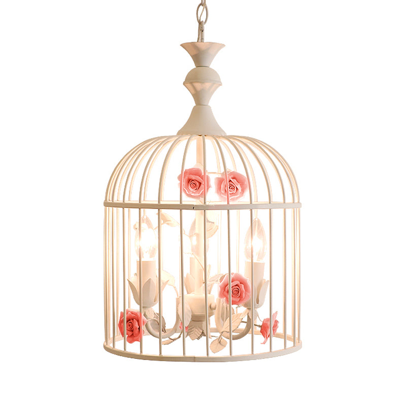 3 Lights Chandelier Light Rustic Birdcage Metal Hanging Ceiling Light with Blue/Pink Flower Decoration Clearhalo 'Ceiling Lights' 'Chandeliers' Lighting' options 227848