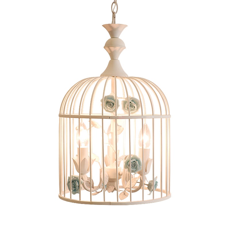 3 Lights Chandelier Light Rustic Birdcage Metal Hanging Ceiling Light with Blue/Pink Flower Decoration Clearhalo 'Ceiling Lights' 'Chandeliers' Lighting' options 227852