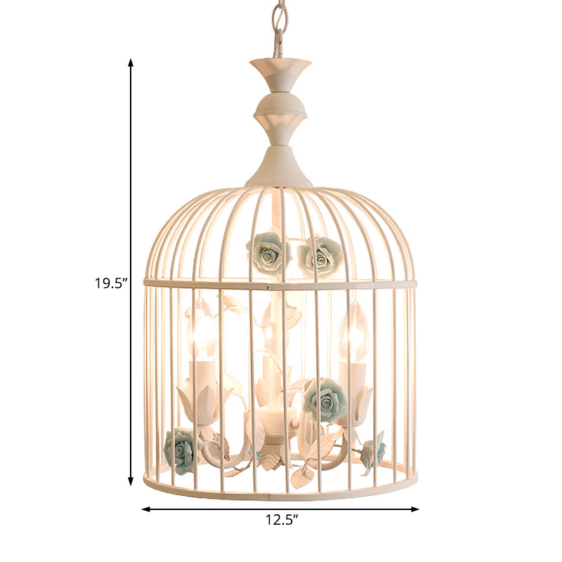 3 Lights Chandelier Light Rustic Birdcage Metal Hanging Ceiling Light with Blue/Pink Flower Decoration Clearhalo 'Ceiling Lights' 'Chandeliers' Lighting' options 227853