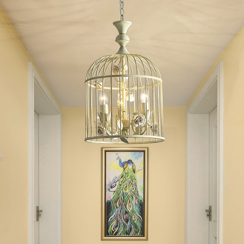 Birdcage Metal Hanging Light Fixture Rustic 3/5 Lights Corridor Chandelier Light with White Flower, 12.5"/16" Wide Clearhalo 'Ceiling Lights' 'Chandeliers' Lighting' options 227854