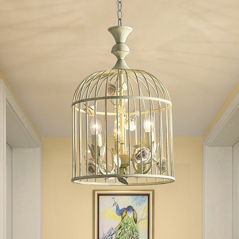 Birdcage Metal Hanging Light Fixture Rustic 3/5 Lights Corridor Chandelier Light with White Flower, 12.5"/16" Wide Clearhalo 'Ceiling Lights' 'Chandeliers' Lighting' options 227855