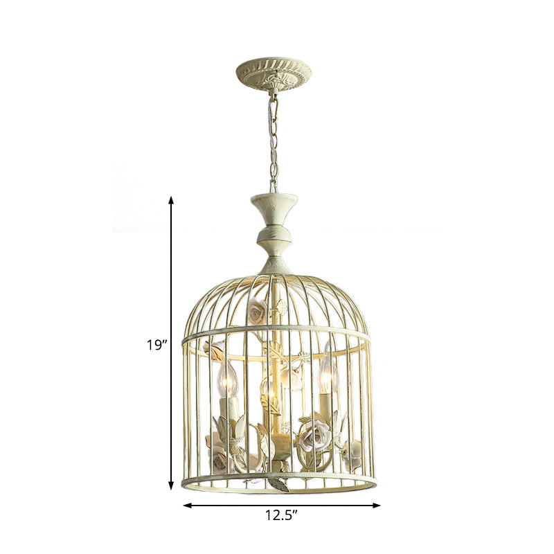 Birdcage Metal Hanging Light Fixture Rustic 3/5 Lights Corridor Chandelier Light with White Flower, 12.5"/16" Wide Clearhalo 'Ceiling Lights' 'Chandeliers' Lighting' options 227857