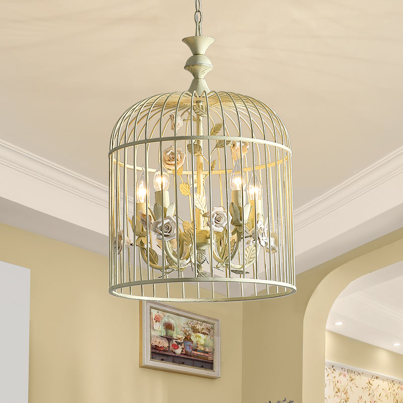 Birdcage Metal Hanging Light Fixture Rustic 3/5 Lights Corridor Chandelier Light with White Flower, 12.5"/16" Wide Clearhalo 'Ceiling Lights' 'Chandeliers' Lighting' options 227858