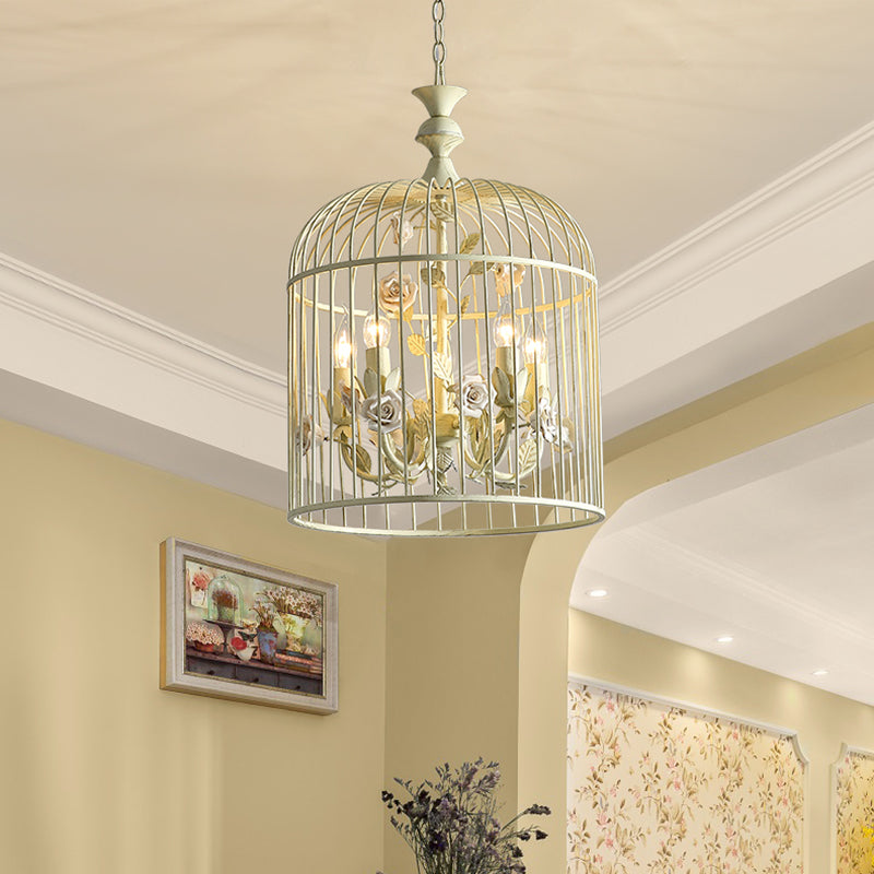 Birdcage Metal Hanging Light Fixture Rustic 3/5 Lights Corridor Chandelier Light with White Flower, 12.5"/16" Wide Clearhalo 'Ceiling Lights' 'Chandeliers' Lighting' options 227859