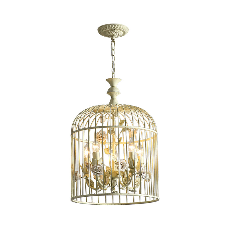 Birdcage Metal Hanging Light Fixture Rustic 3/5 Lights Corridor Chandelier Light with White Flower, 12.5"/16" Wide Clearhalo 'Ceiling Lights' 'Chandeliers' Lighting' options 227860