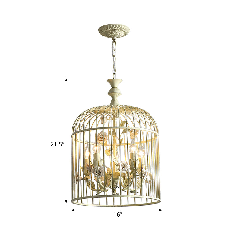 Birdcage Metal Hanging Light Fixture Rustic 3/5 Lights Corridor Chandelier Light with White Flower, 12.5"/16" Wide Clearhalo 'Ceiling Lights' 'Chandeliers' Lighting' options 227861