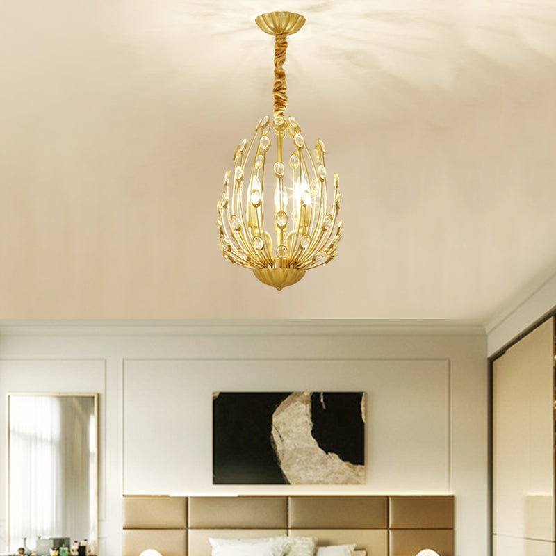 Oval Metal and Crystal Hanging Light Rustic 3/6 Lights Dining Room Chandelier Light in Gold Clearhalo 'Ceiling Lights' 'Chandeliers' Lighting' options 227863