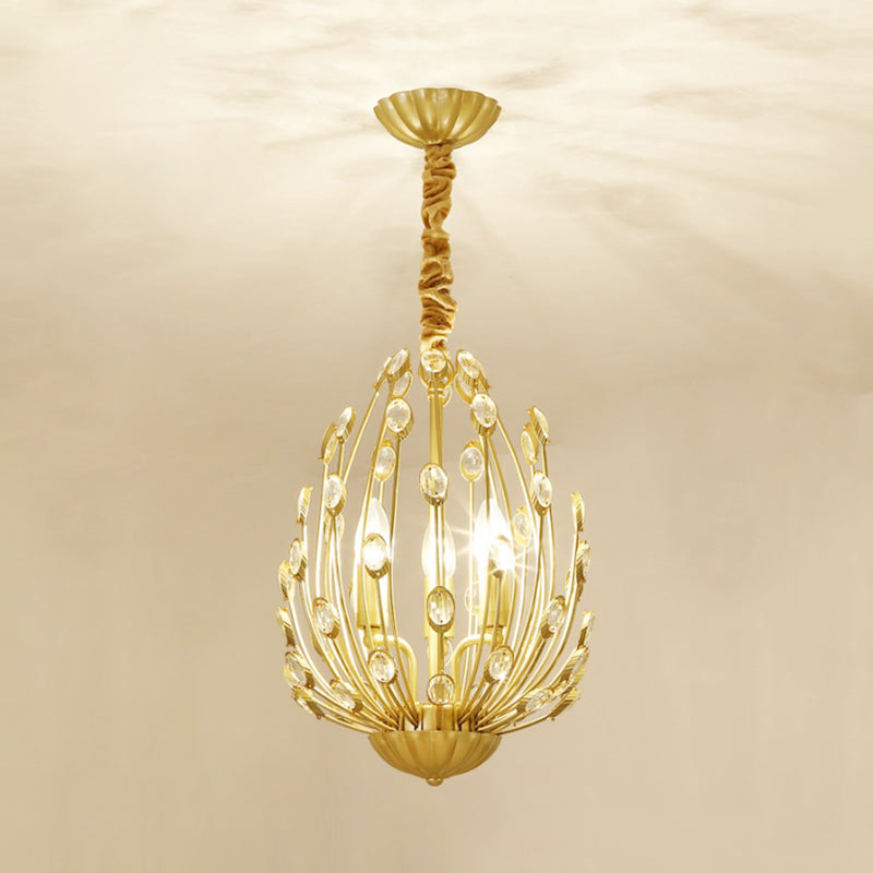 Oval Metal and Crystal Hanging Light Rustic 3/6 Lights Dining Room Chandelier Light in Gold Clearhalo 'Ceiling Lights' 'Chandeliers' Lighting' options 227865