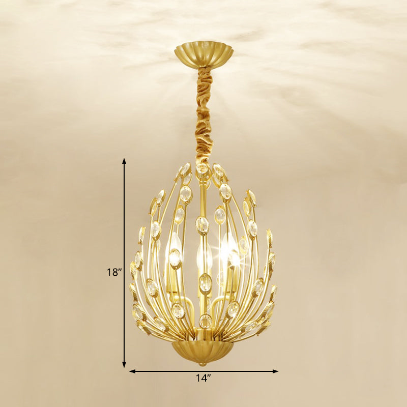 Oval Metal and Crystal Hanging Light Rustic 3/6 Lights Dining Room Chandelier Light in Gold Clearhalo 'Ceiling Lights' 'Chandeliers' Lighting' options 227866