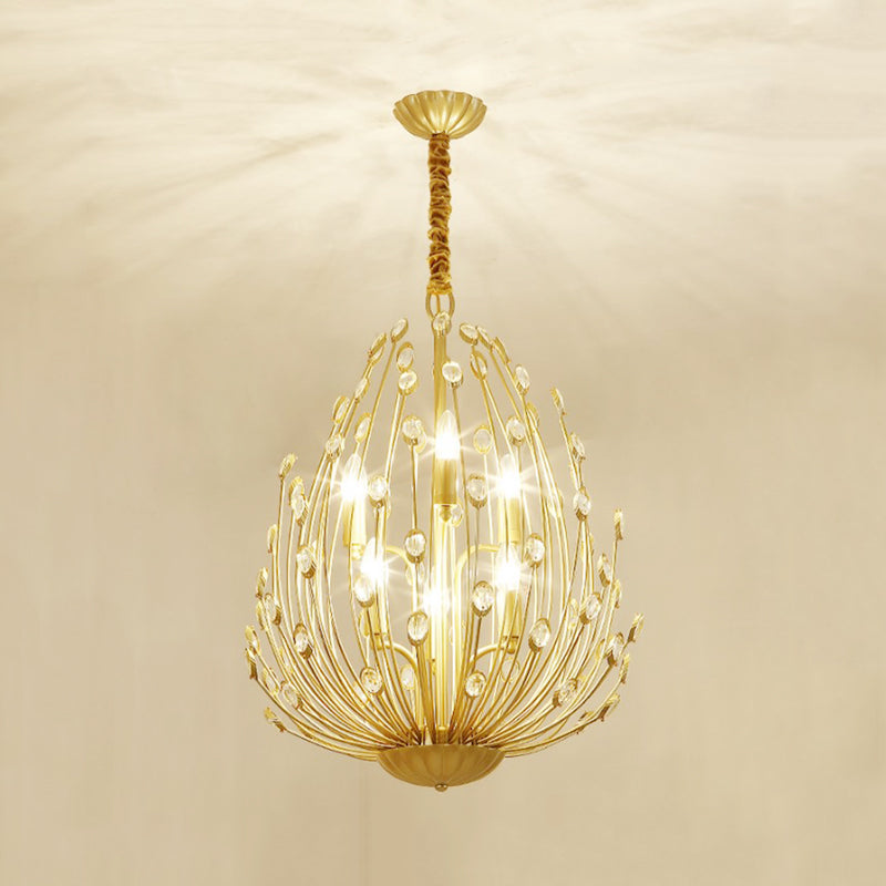 Oval Metal and Crystal Hanging Light Rustic 3/6 Lights Dining Room Chandelier Light in Gold Clearhalo 'Ceiling Lights' 'Chandeliers' Lighting' options 227869