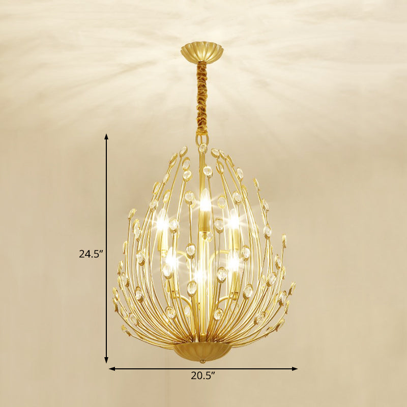 Oval Metal and Crystal Hanging Light Rustic 3/6 Lights Dining Room Chandelier Light in Gold Clearhalo 'Ceiling Lights' 'Chandeliers' Lighting' options 227870