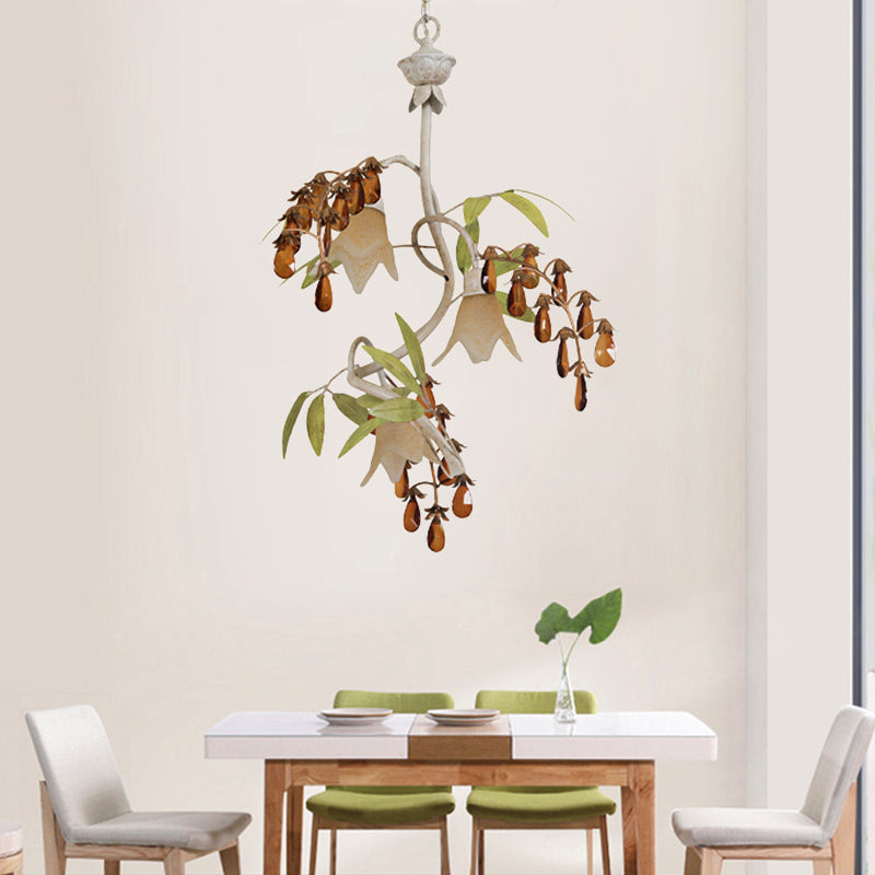 Floral Shape White Glass Chandelier Light Rustic 3 Lights Dining Room Hanging Light with Black/White Arm Clearhalo 'Ceiling Lights' 'Chandeliers' Lighting' options 227873