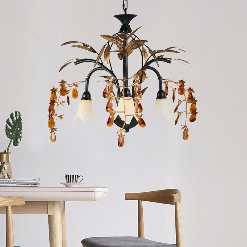 Floral Shape White Glass Chandelier Light Rustic 3 Lights Dining Room Hanging Light with Black/White Arm Clearhalo 'Ceiling Lights' 'Chandeliers' Lighting' options 227877