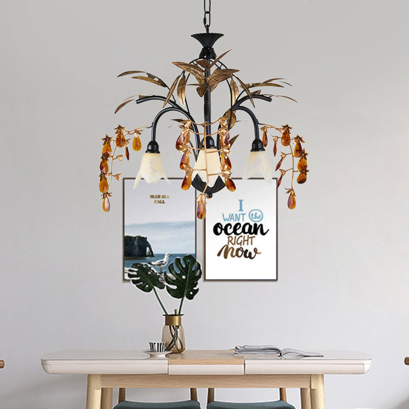 Floral Shape White Glass Chandelier Light Rustic 3 Lights Dining Room Hanging Light with Black/White Arm Clearhalo 'Ceiling Lights' 'Chandeliers' Lighting' options 227878