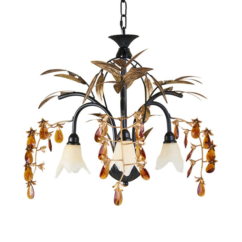 Floral Shape White Glass Chandelier Light Rustic 3 Lights Dining Room Hanging Light with Black/White Arm Clearhalo 'Ceiling Lights' 'Chandeliers' Lighting' options 227879