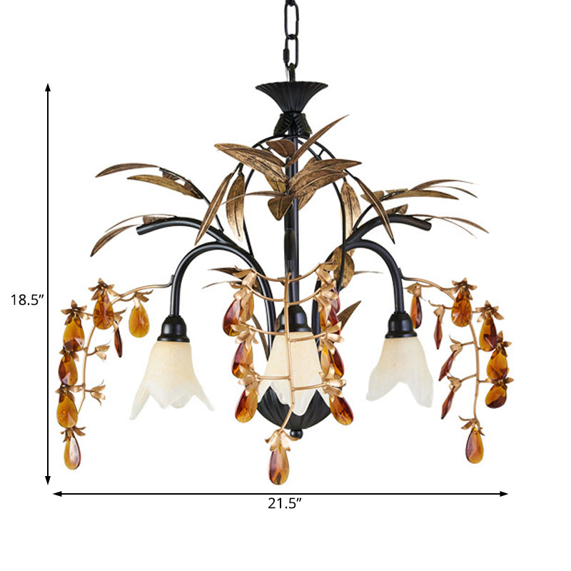 Floral Shape White Glass Chandelier Light Rustic 3 Lights Dining Room Hanging Light with Black/White Arm Clearhalo 'Ceiling Lights' 'Chandeliers' Lighting' options 227880