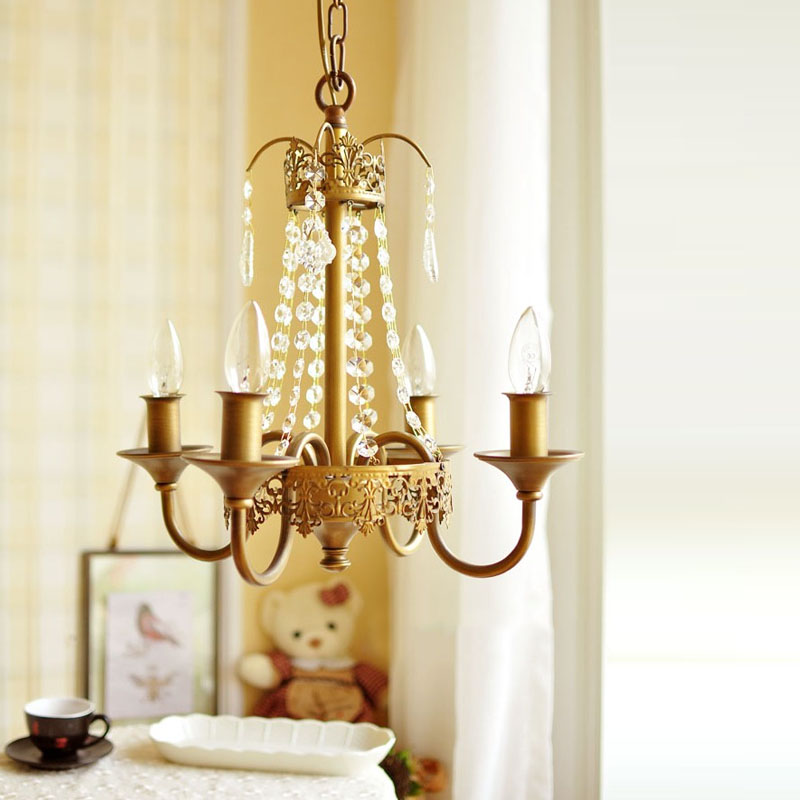 Candle Metal and Crystal Hanging Light Rustic 4/6 Lights Living Room Chandelier Light in Gray/White/Brass 4 Brass Clearhalo 'Ceiling Lights' 'Chandeliers' Lighting' options 227890_6a153d6c-fa4d-42b2-8085-deff041a195f