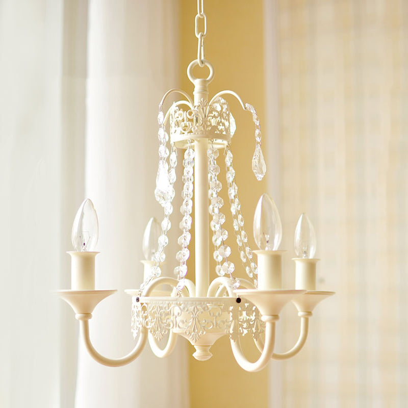 Candle Metal and Crystal Hanging Light Rustic 4/6 Lights Living Room Chandelier Light in Gray/White/Brass 4 White Clearhalo 'Ceiling Lights' 'Chandeliers' Lighting' options 227896_10fbaccb-c04f-4ade-9649-1f1ec11391cb