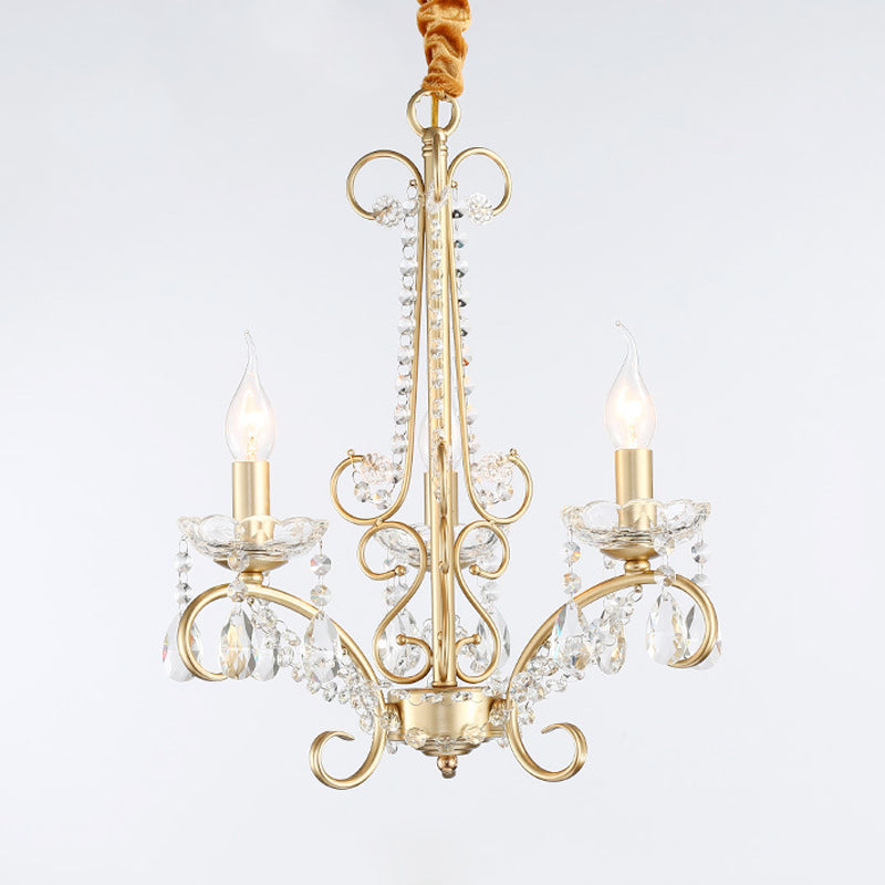 Candle Metal and Crystal Ceiling Light Traditional 3/6 Lights Living Room Chandelier Light with Gold Curve Arm Clearhalo 'Ceiling Lights' 'Chandeliers' Lighting' options 227913