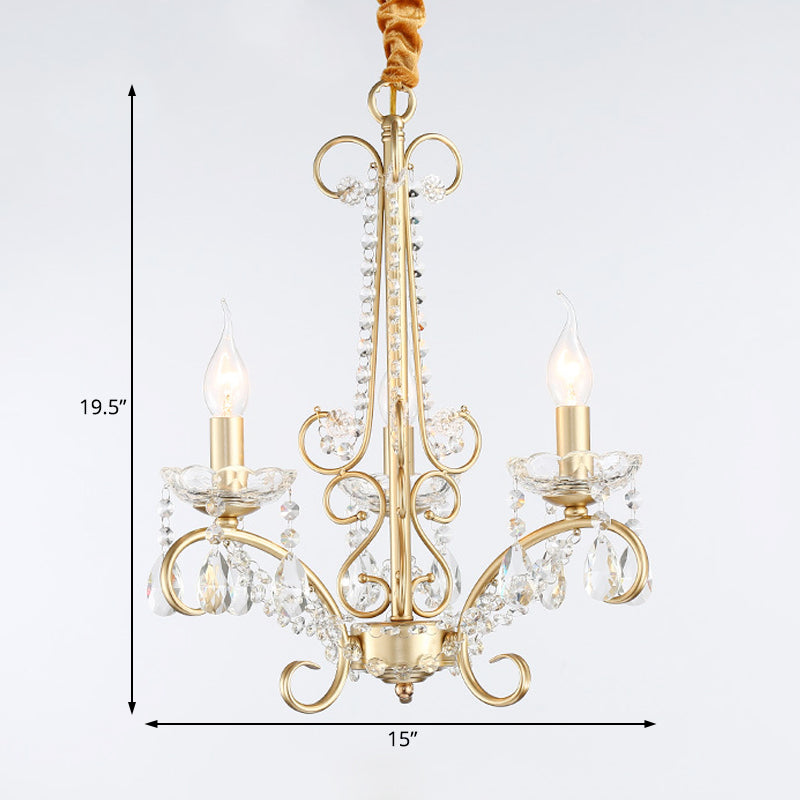 Candle Metal and Crystal Ceiling Light Traditional 3/6 Lights Living Room Chandelier Light with Gold Curve Arm Clearhalo 'Ceiling Lights' 'Chandeliers' Lighting' options 227914