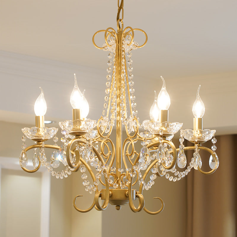 Candle Metal and Crystal Ceiling Light Traditional 3/6 Lights Living Room Chandelier Light with Gold Curve Arm Clearhalo 'Ceiling Lights' 'Chandeliers' Lighting' options 227915