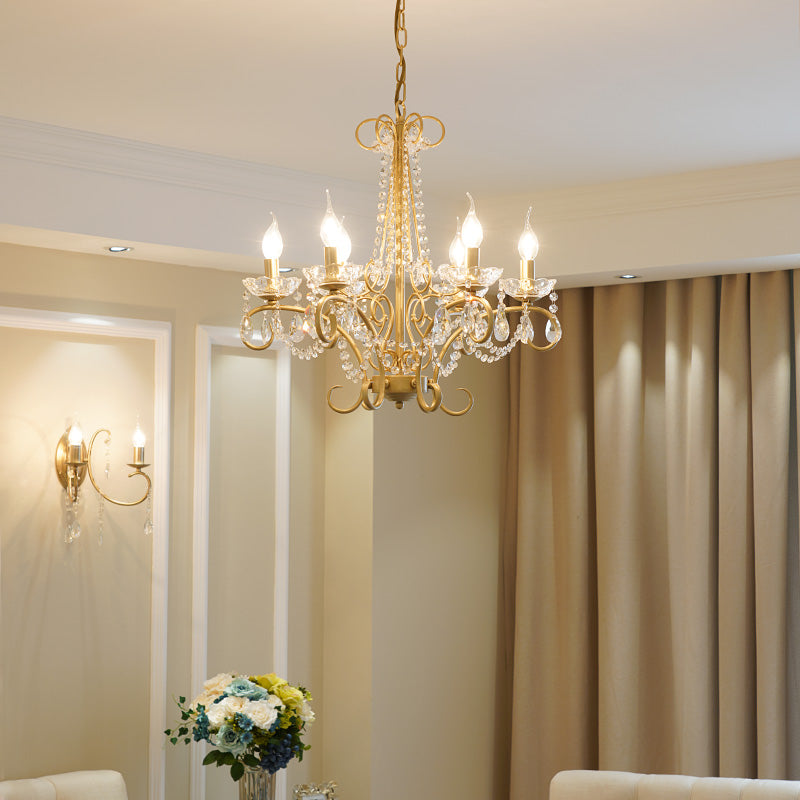 Candle Metal and Crystal Ceiling Light Traditional 3/6 Lights Living Room Chandelier Light with Gold Curve Arm Clearhalo 'Ceiling Lights' 'Chandeliers' Lighting' options 227916