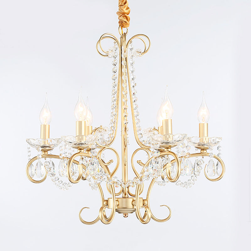 Candle Metal and Crystal Ceiling Light Traditional 3/6 Lights Living Room Chandelier Light with Gold Curve Arm Clearhalo 'Ceiling Lights' 'Chandeliers' Lighting' options 227917