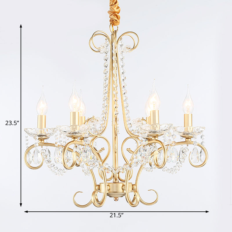 Candle Metal and Crystal Ceiling Light Traditional 3/6 Lights Living Room Chandelier Light with Gold Curve Arm Clearhalo 'Ceiling Lights' 'Chandeliers' Lighting' options 227918