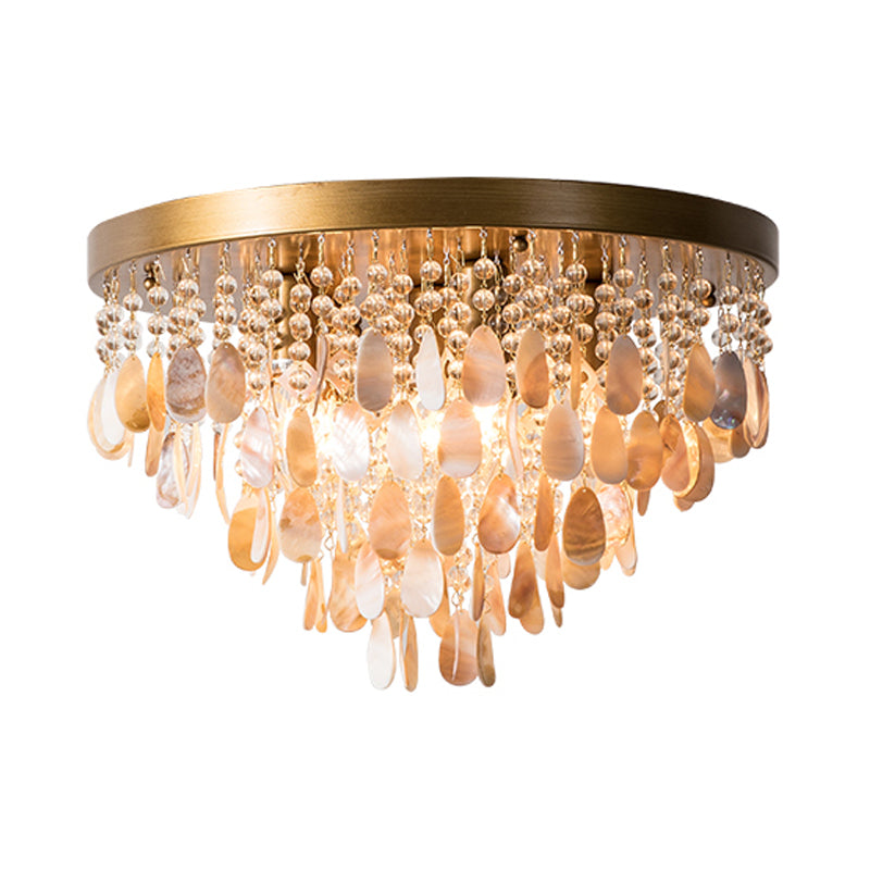 Cascade Shell and Crystal Flush Light Rustic 6/9 Lights Living Room Ceiling Light with Black/Brass Canopy, 16"/19.5" Wide Clearhalo 'Ceiling Lights' 'Close To Ceiling Lights' 'Close to ceiling' 'Flush mount' Lighting' 227970