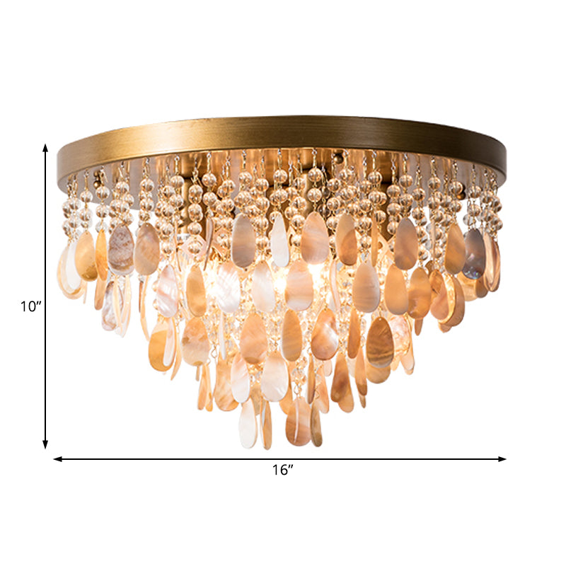 Cascade Shell and Crystal Flush Light Rustic 6/9 Lights Living Room Ceiling Light with Black/Brass Canopy, 16"/19.5" Wide Clearhalo 'Ceiling Lights' 'Close To Ceiling Lights' 'Close to ceiling' 'Flush mount' Lighting' 227971