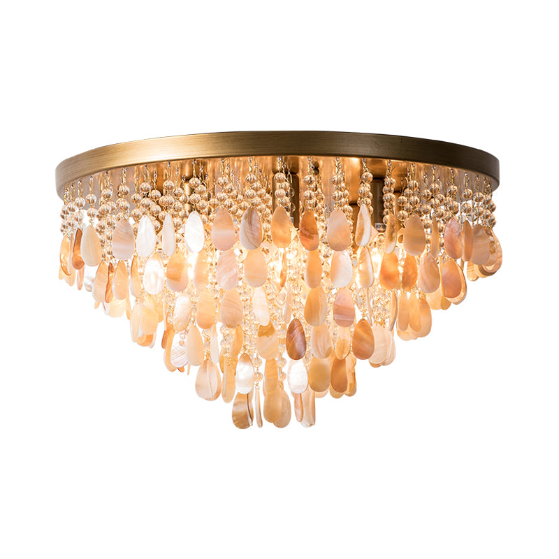 Cascade Shell and Crystal Flush Light Rustic 6/9 Lights Living Room Ceiling Light with Black/Brass Canopy, 16"/19.5" Wide Clearhalo 'Ceiling Lights' 'Close To Ceiling Lights' 'Close to ceiling' 'Flush mount' Lighting' 227974