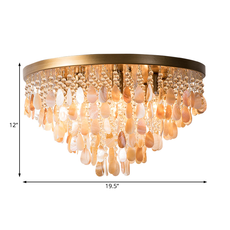 Cascade Shell and Crystal Flush Light Rustic 6/9 Lights Living Room Ceiling Light with Black/Brass Canopy, 16"/19.5" Wide Clearhalo 'Ceiling Lights' 'Close To Ceiling Lights' 'Close to ceiling' 'Flush mount' Lighting' 227975