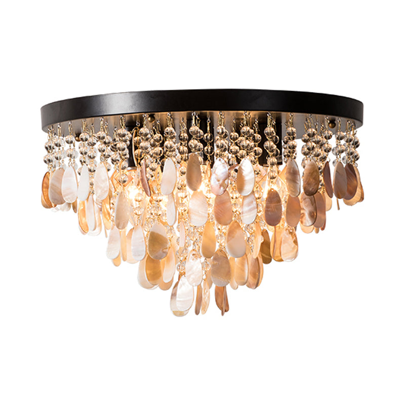 Cascade Shell and Crystal Flush Light Rustic 6/9 Lights Living Room Ceiling Light with Black/Brass Canopy, 16"/19.5" Wide Clearhalo 'Ceiling Lights' 'Close To Ceiling Lights' 'Close to ceiling' 'Flush mount' Lighting' 227978