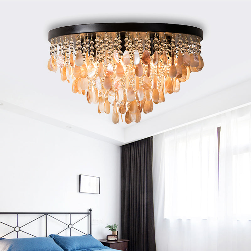 Cascade Shell and Crystal Flush Light Rustic 6/9 Lights Living Room Ceiling Light with Black/Brass Canopy, 16"/19.5" Wide Black 19.5" Clearhalo 'Ceiling Lights' 'Close To Ceiling Lights' 'Close to ceiling' 'Flush mount' Lighting' 227979